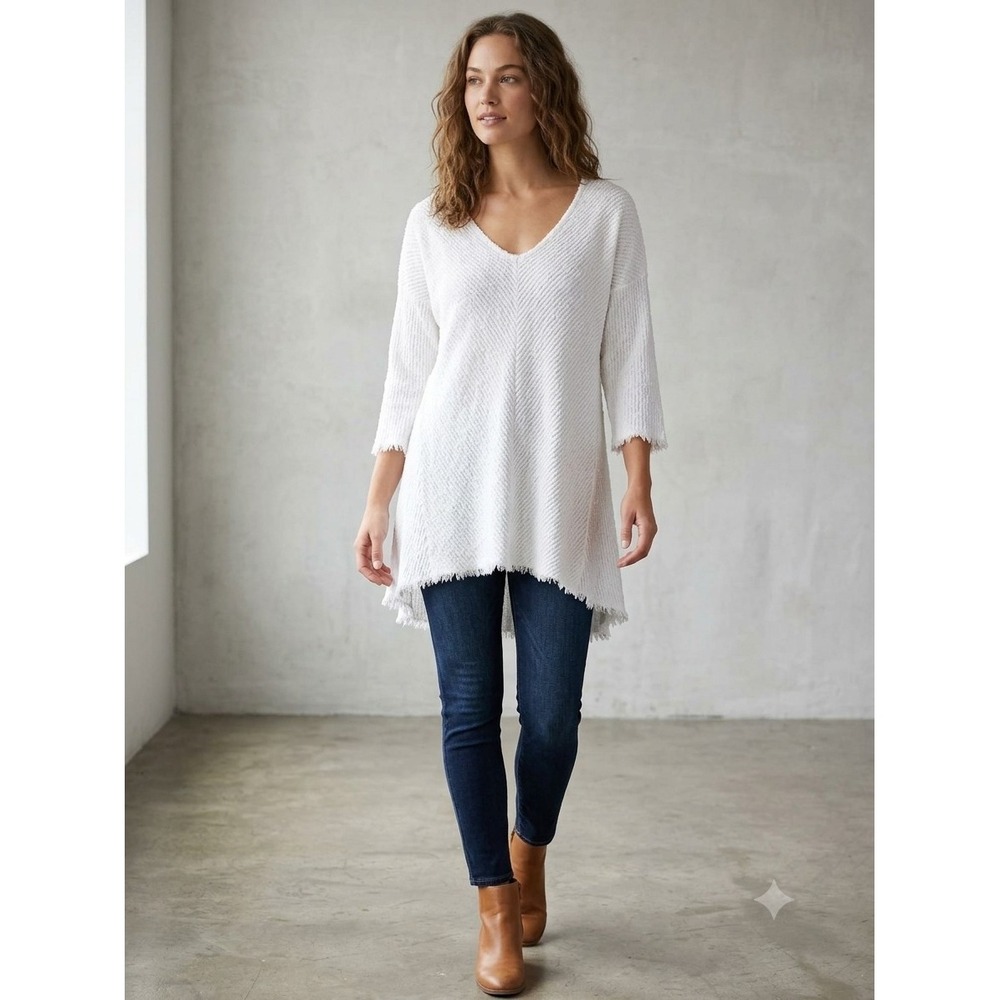 XCVI Womens V-Neck Waffle Knit Thermal Top Size Small White Raw Hem 3/4 Sleeve
